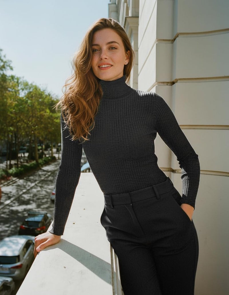 v28 Women Stretchable Turtleneck Knit Long Sleeve Slim Fit Sweater (M,Darkgrey) - Image 5